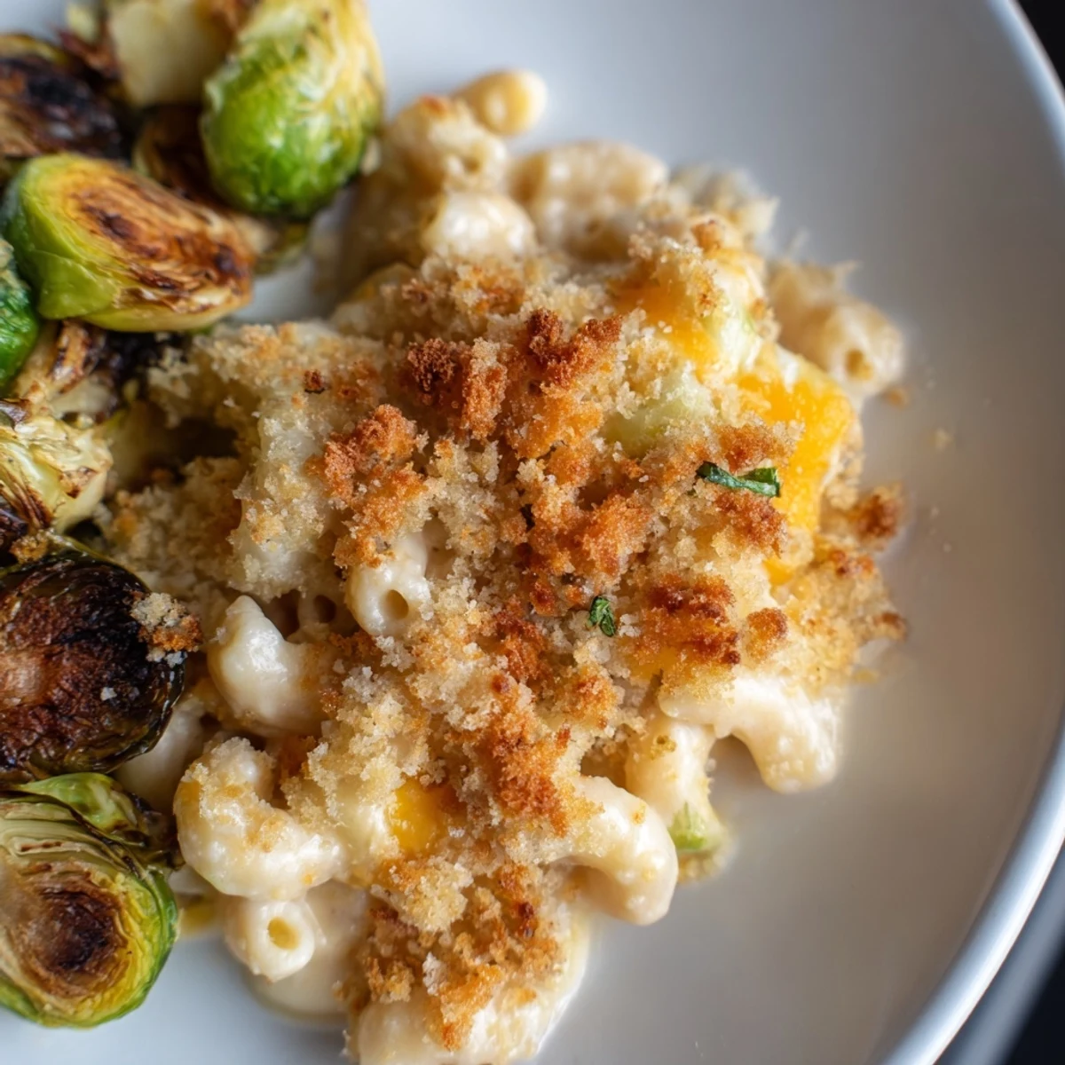 Golden-brown Sheet Pan Mac and Cheese with Brussels sprouts, bubbling hot and ready to enjoy.