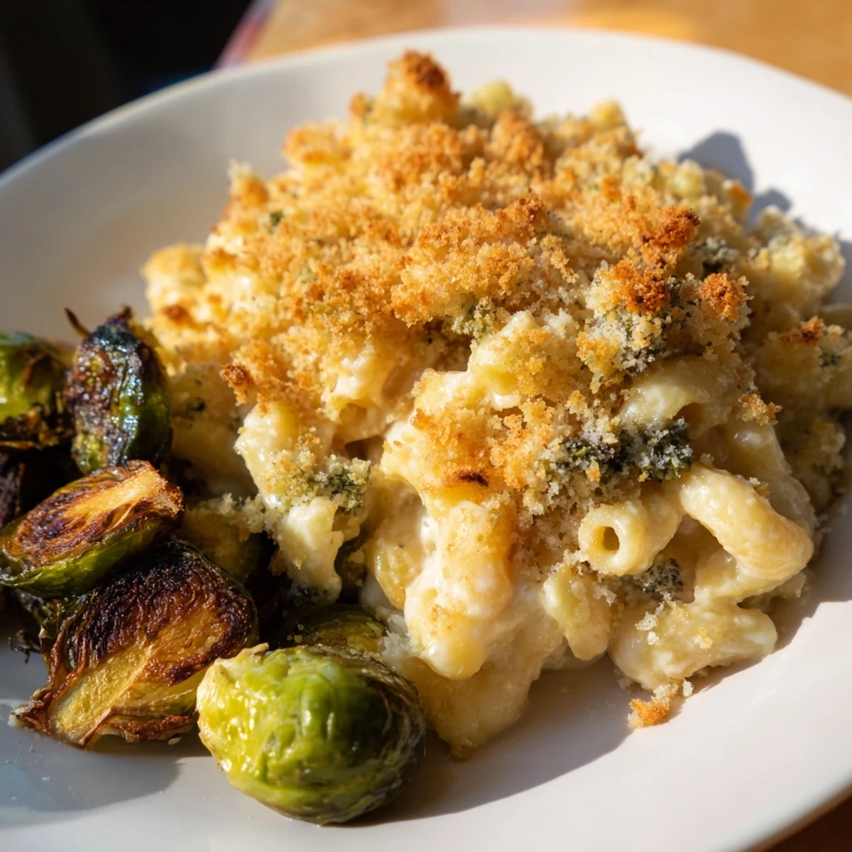 A close-up of a fully-loaded sheet pan of creamy Mac and Cheese featuring roasted Brussels sprouts.