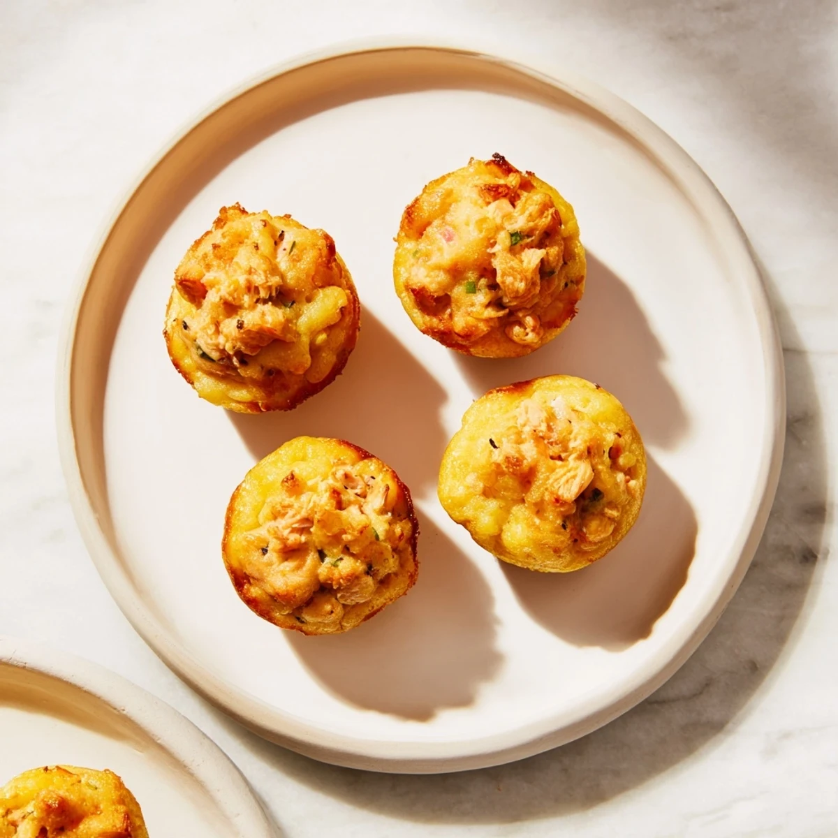 Golden, fluffy Mini Chicken Pot Pie Cornbread Muffins, warm from the oven, offering savory goodness.