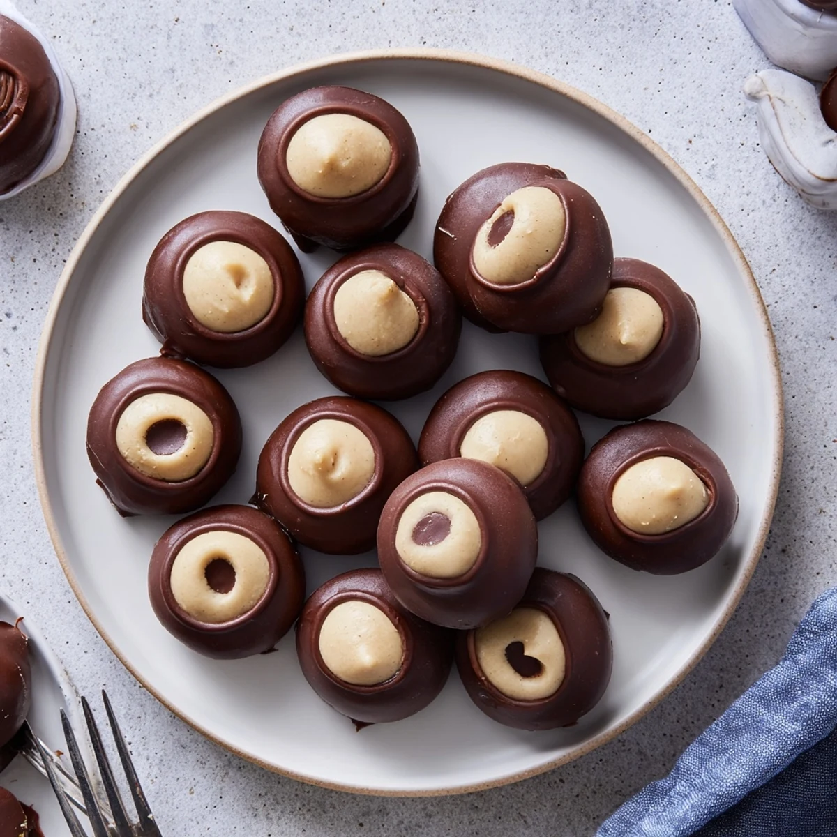 Creamy peanut butter buckeyes, partially dipped in dark chocolate, are perfect American holiday treats.