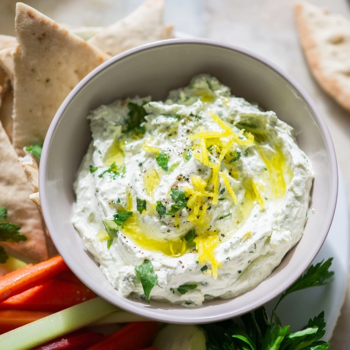 Bright white, creamy whipped feta with Greek seasoning, drizzled with olive oil and herbs.