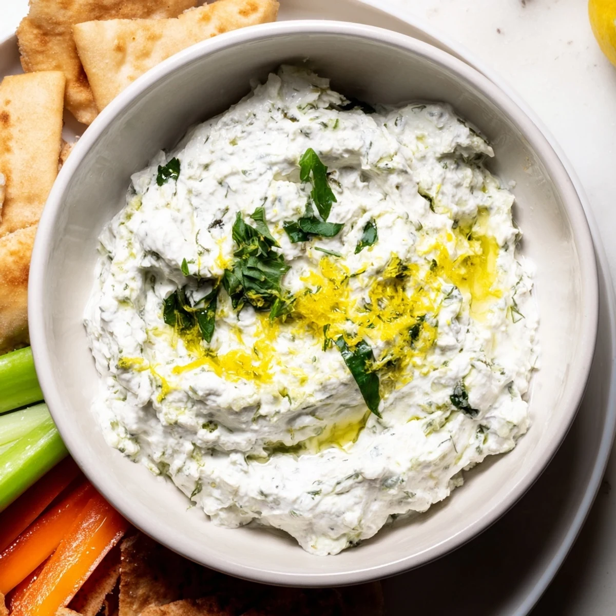 This appetizer presents a creamy bowl of whipped feta, garnished and ready to be enjoyed.