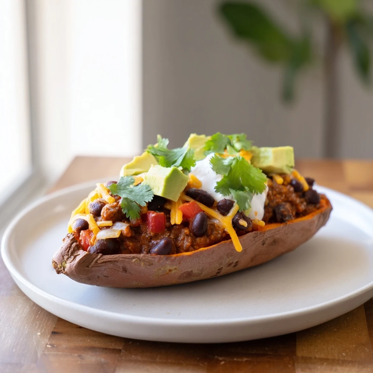 Golden baked sweet potato chili boats brimming with savory chili and fresh cilantro, a comforting meal.