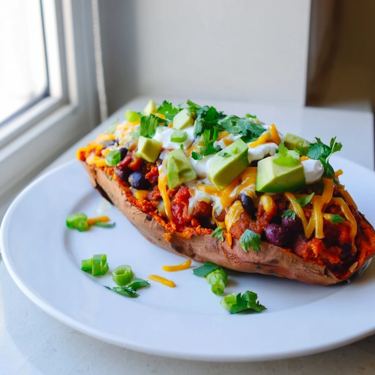 A steaming plate of savory baked sweet potato chili boats, perfectly filled for a delicious and easy dinner.
