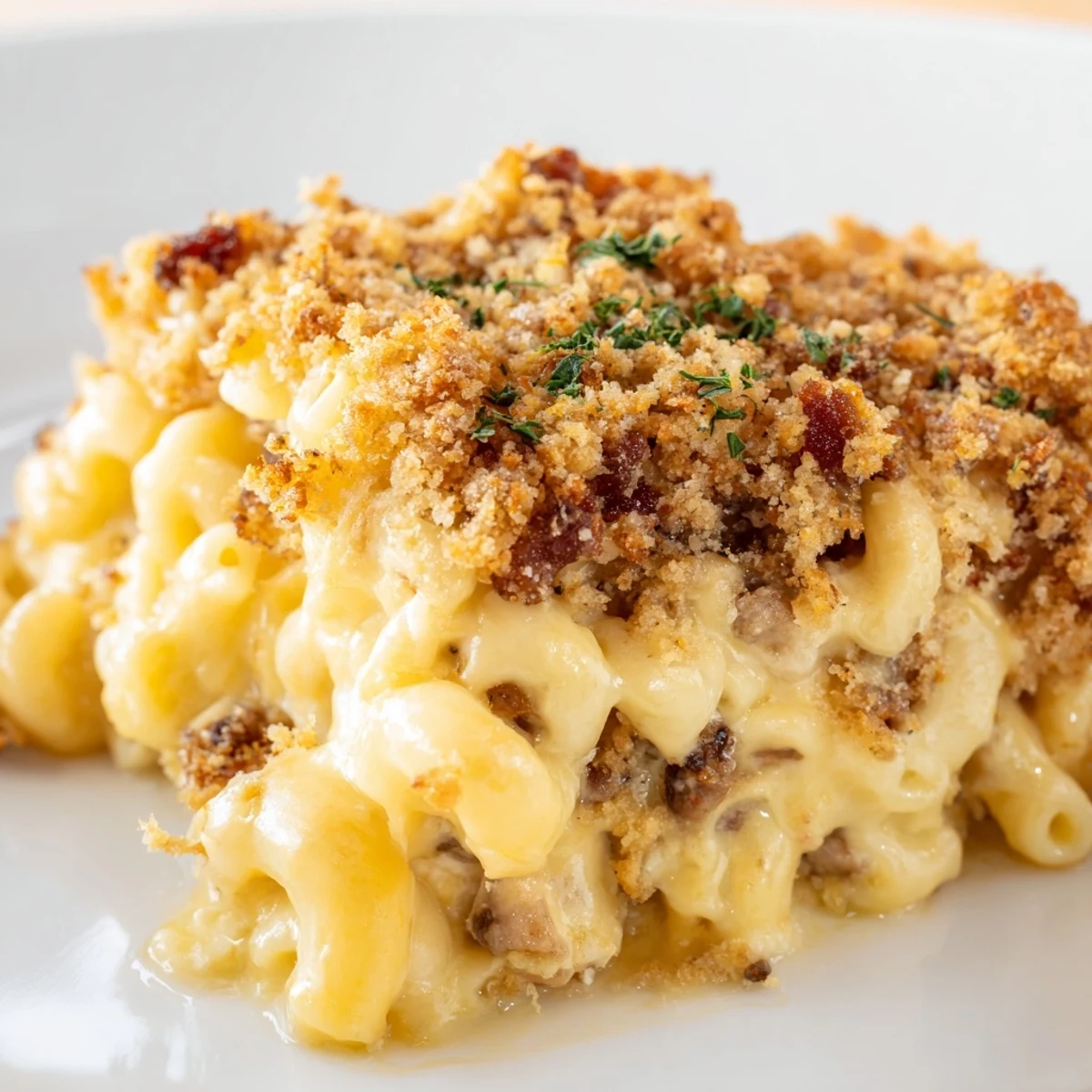 Crispy-edged sheet pan mac and cheese with a generous bacon crumble— imagine the cheesy aroma!