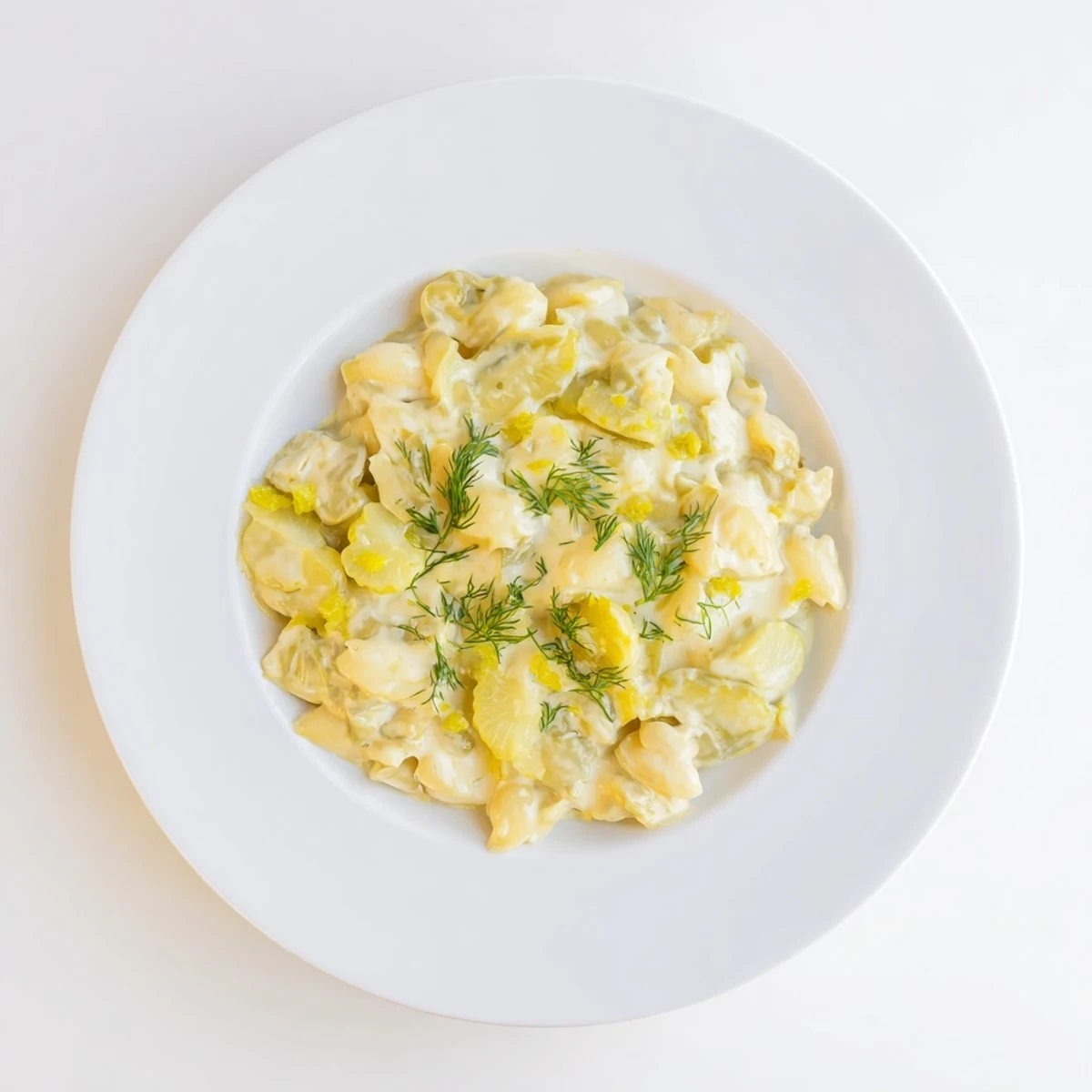 Close-up of a bowl of Pickle Mac and Cheese, garnished with fresh dill, ready to enjoy.
