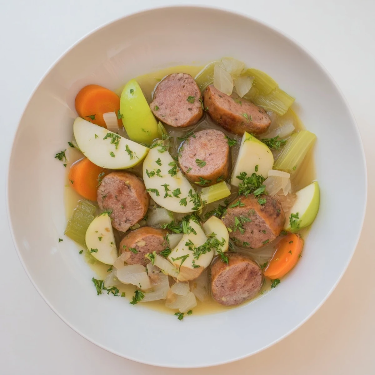A steaming bowl of Stovetop Sausage, Celery, and Apple Hotpot, offering a savory, apple-infused aroma.