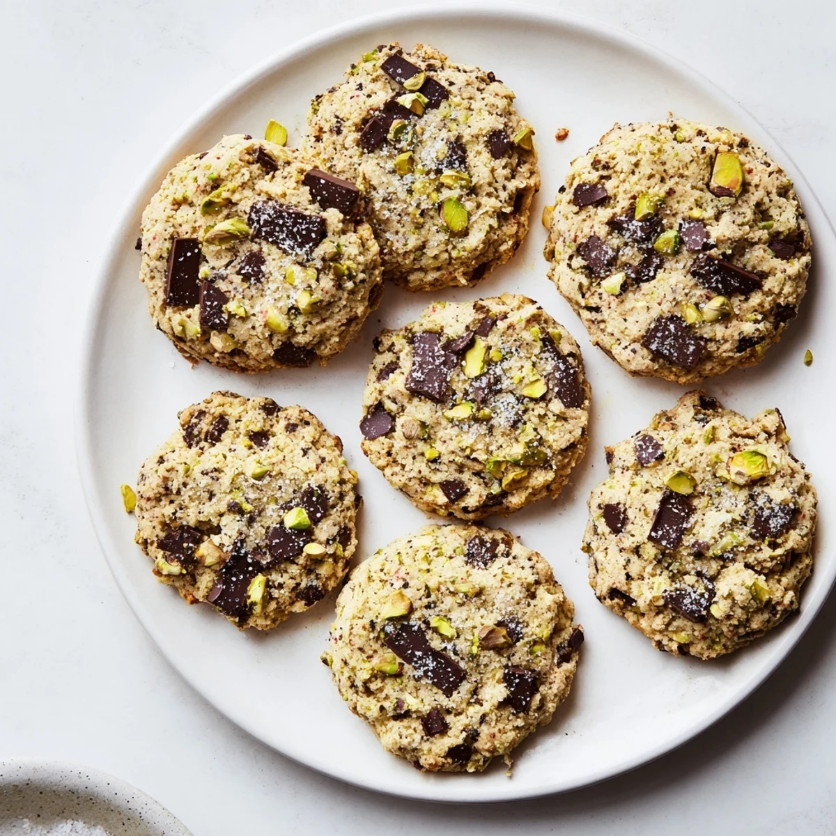 Warm, golden Salted Pistachio Chocolate Chunk Shortbread cookies, speckled with pistachios and sea salt.