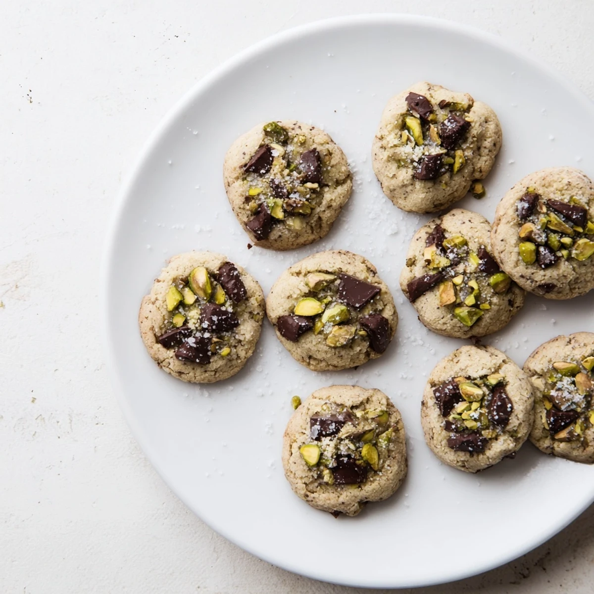Close-up of freshly baked Salted Pistachio Chocolate Chunk Shortbread, showing chocolate chunks and coarse sugar.