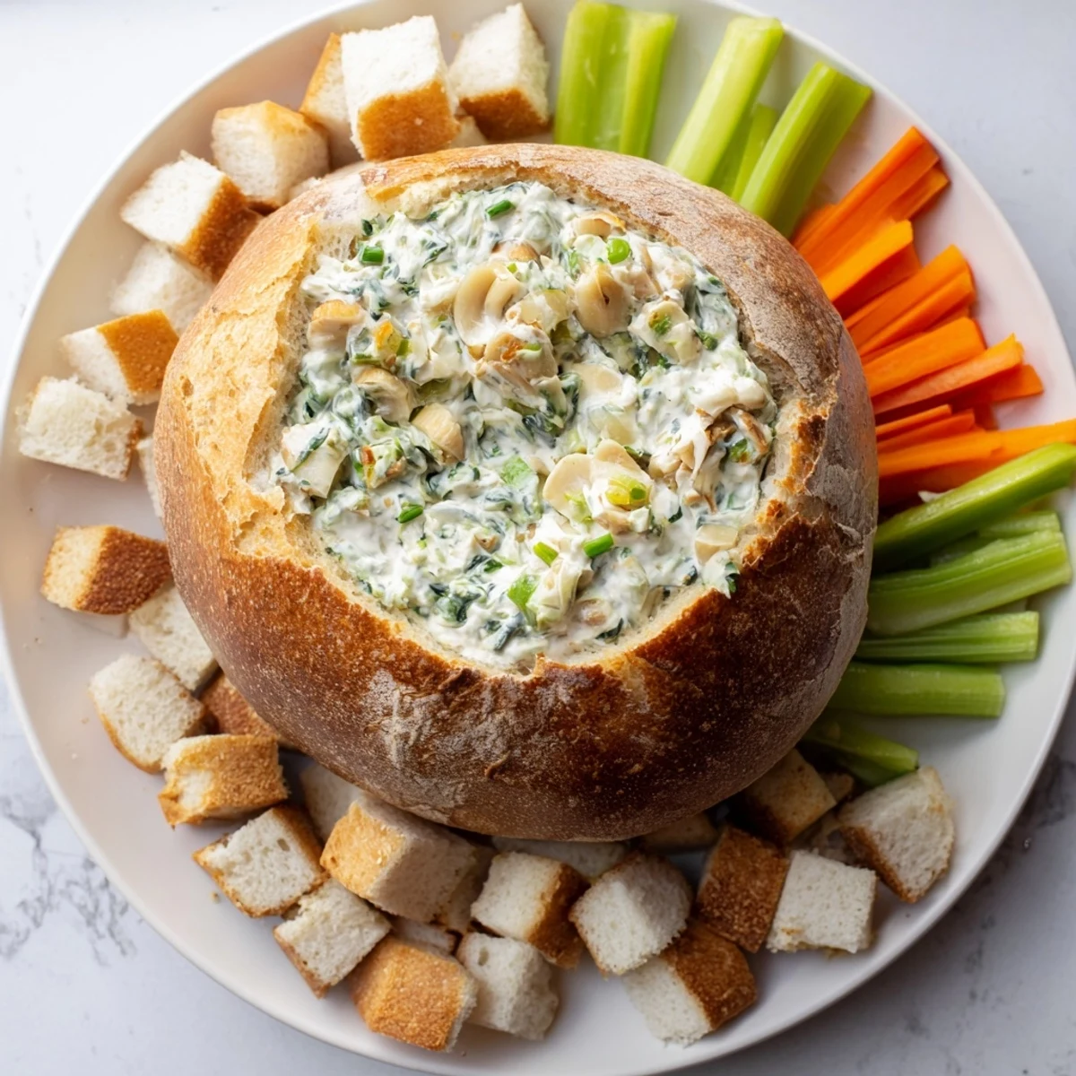 Close-up of The Best Spinach Dip Ever, a delicious party appetizer served with crisp vegetable dippers.