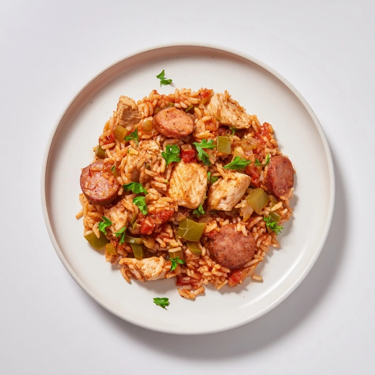 Steaming Simple Chicken and Sausage Jambalaya Bake, a taste of Louisiana with rice and colorful vegetables.