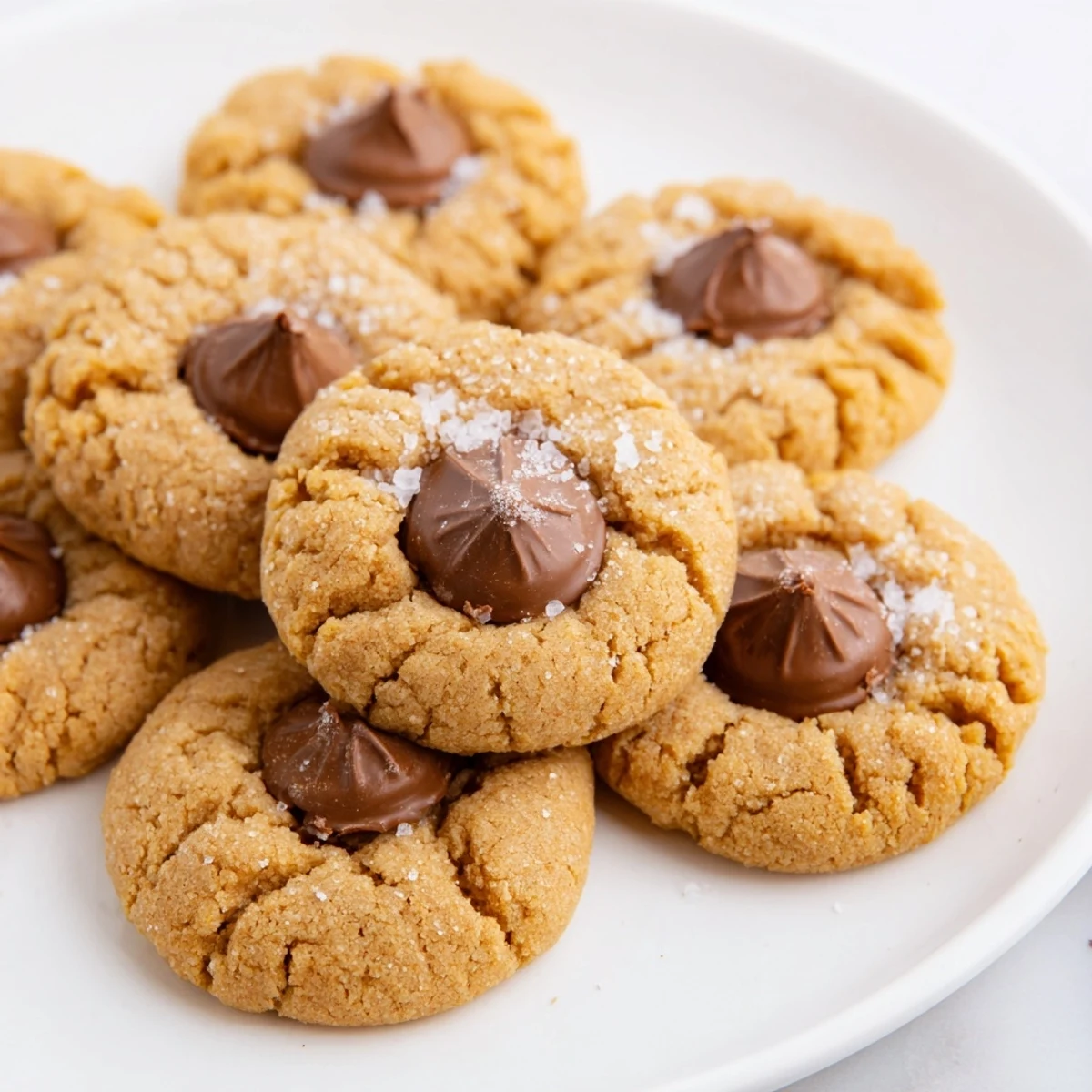 Golden-baked Peanut Butter Blossoms, a simple treat featuring a chocolate kiss in the center, ready to enjoy.