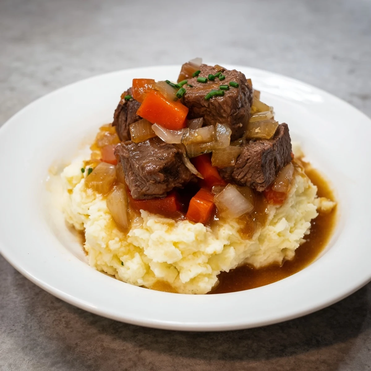 Delicious aroma! Tender beef stew spooned over mashed potatoes, showcasing Fall Apple Cider Stew Mash's perfect texture.