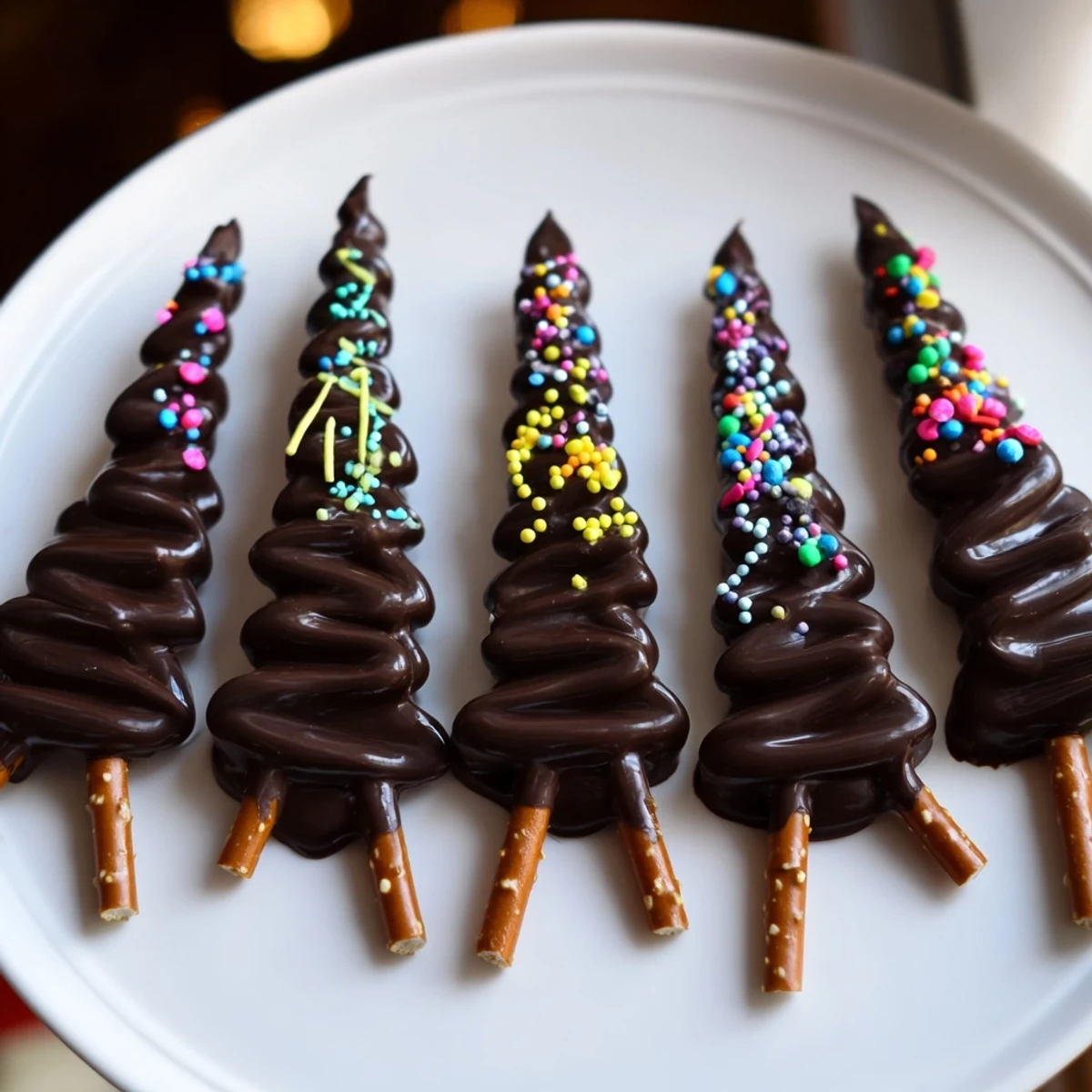 Rich, dark chocolate Express Chocolate Christmas Trees, sprinkled with festive red and green sugar.