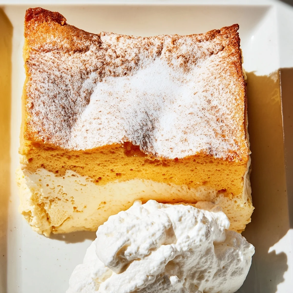 Close-up shot shows a slice of Simplified Pumpkin Magic Cake, dusted with powdered sugar and ready.