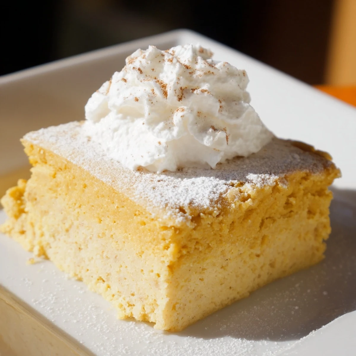 Sliced, golden-brown Simplified Pumpkin Magic Cake with a perfect, wobbly custard layer, ready to eat.