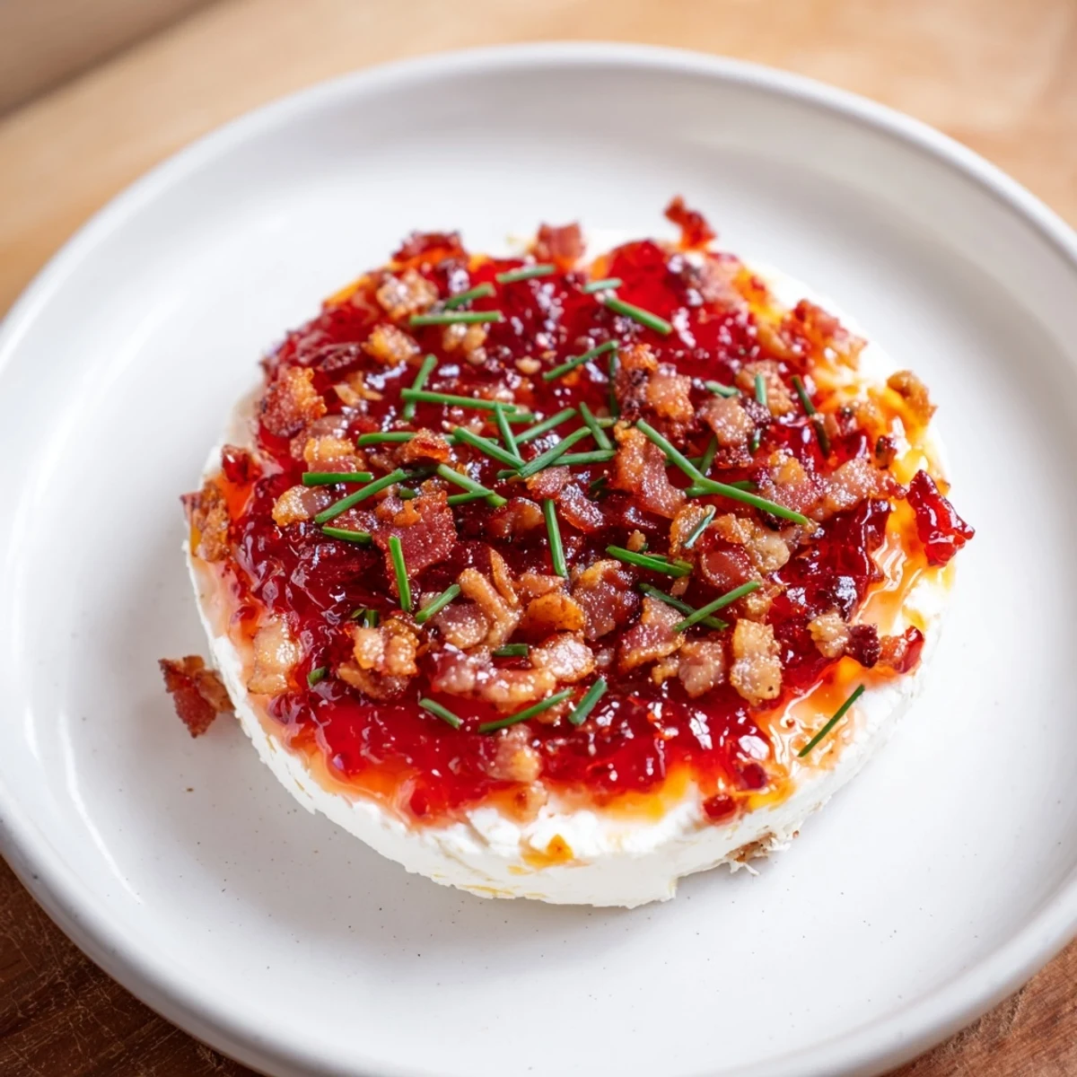 A close-up of a delicious Easy Bacon Pepper Jelly Appetizer, ready to be scooped up with crackers.
