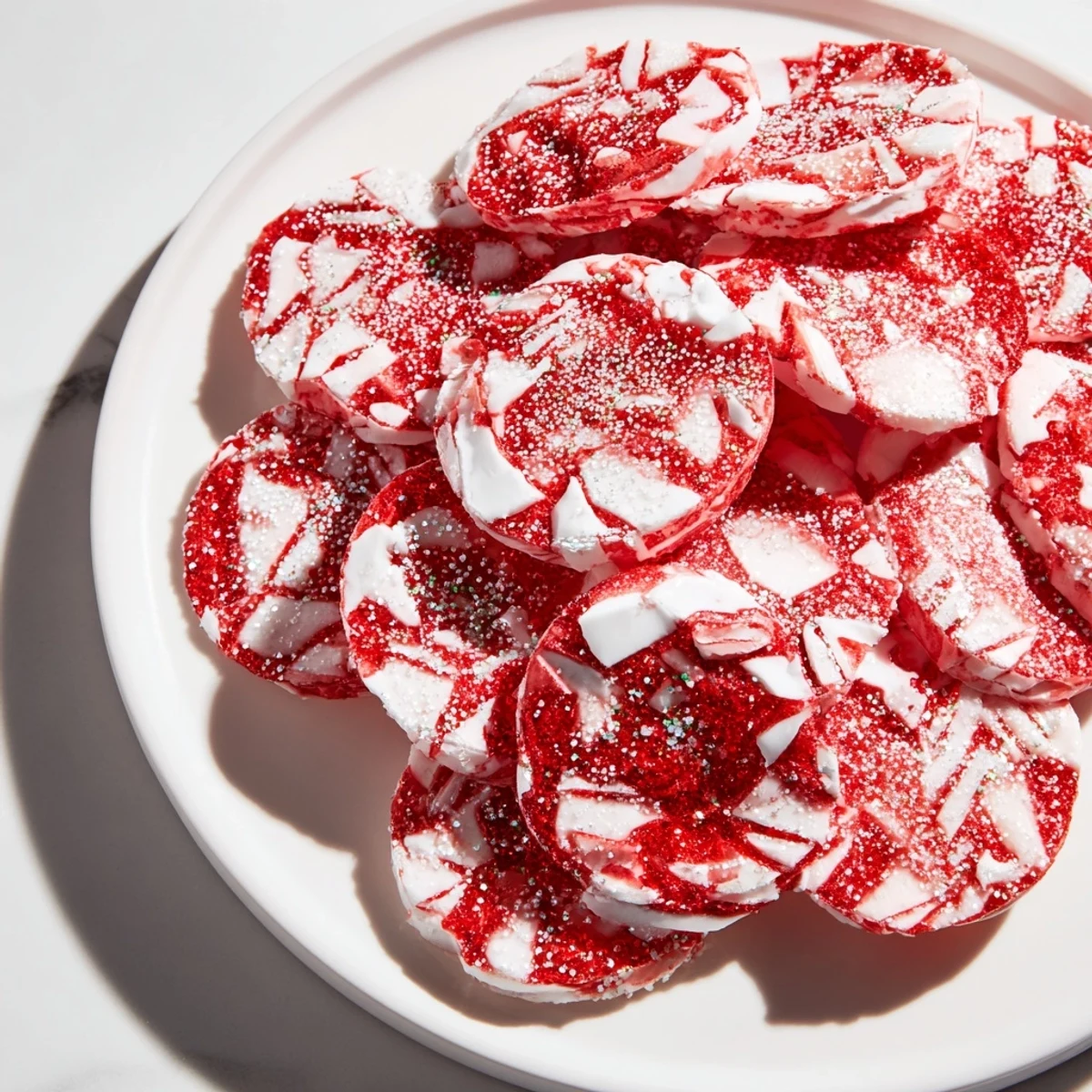 Homemade Express Peppermint Candy Bows glistening on parchment, a quick and easy, colorful holiday candy treat.