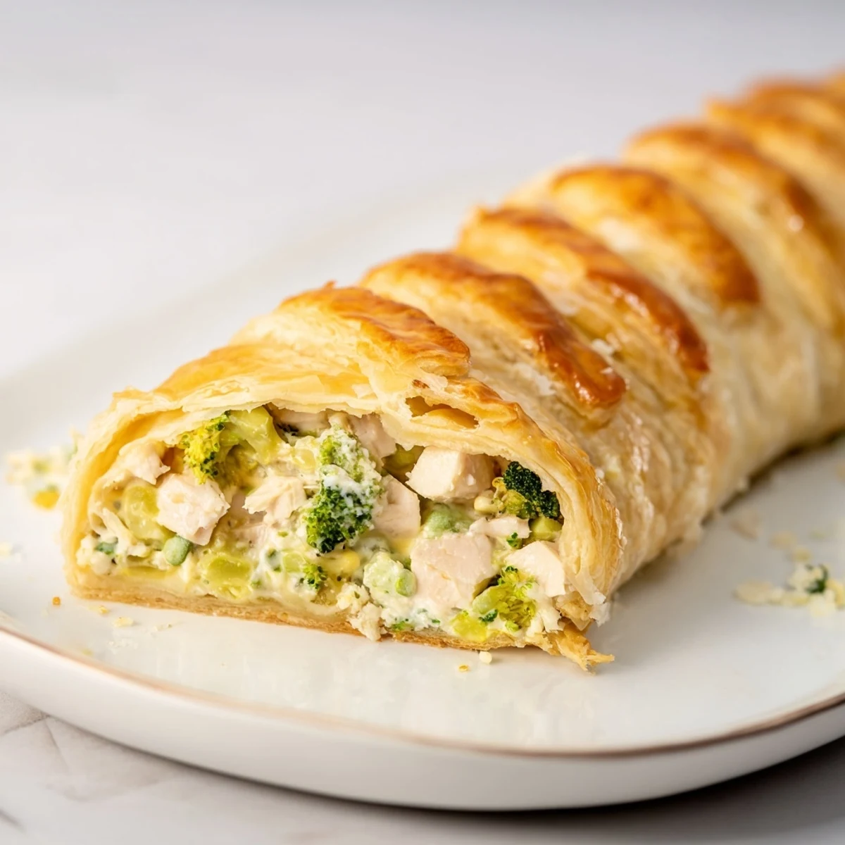 Golden, flaky Creamy Chicken and Broccoli Puff Pastry Rolls, freshly baked and ready to eat.