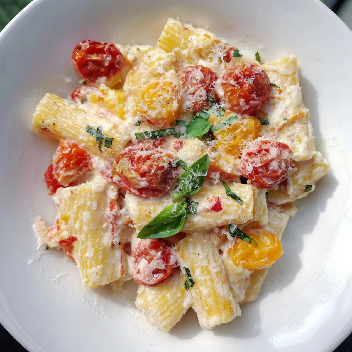 Four-Cheese Baked Block Pasta: a bubbly, molten cheese creation with roasted tomatoes and basil.