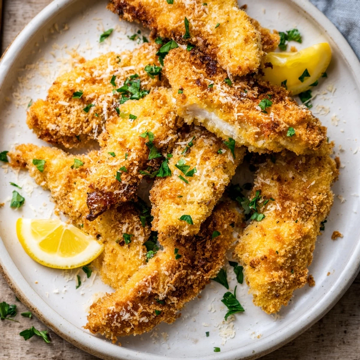 Golden-brown garlic Parmesan chicken tenders ready to serve, a flavorful family favorite.