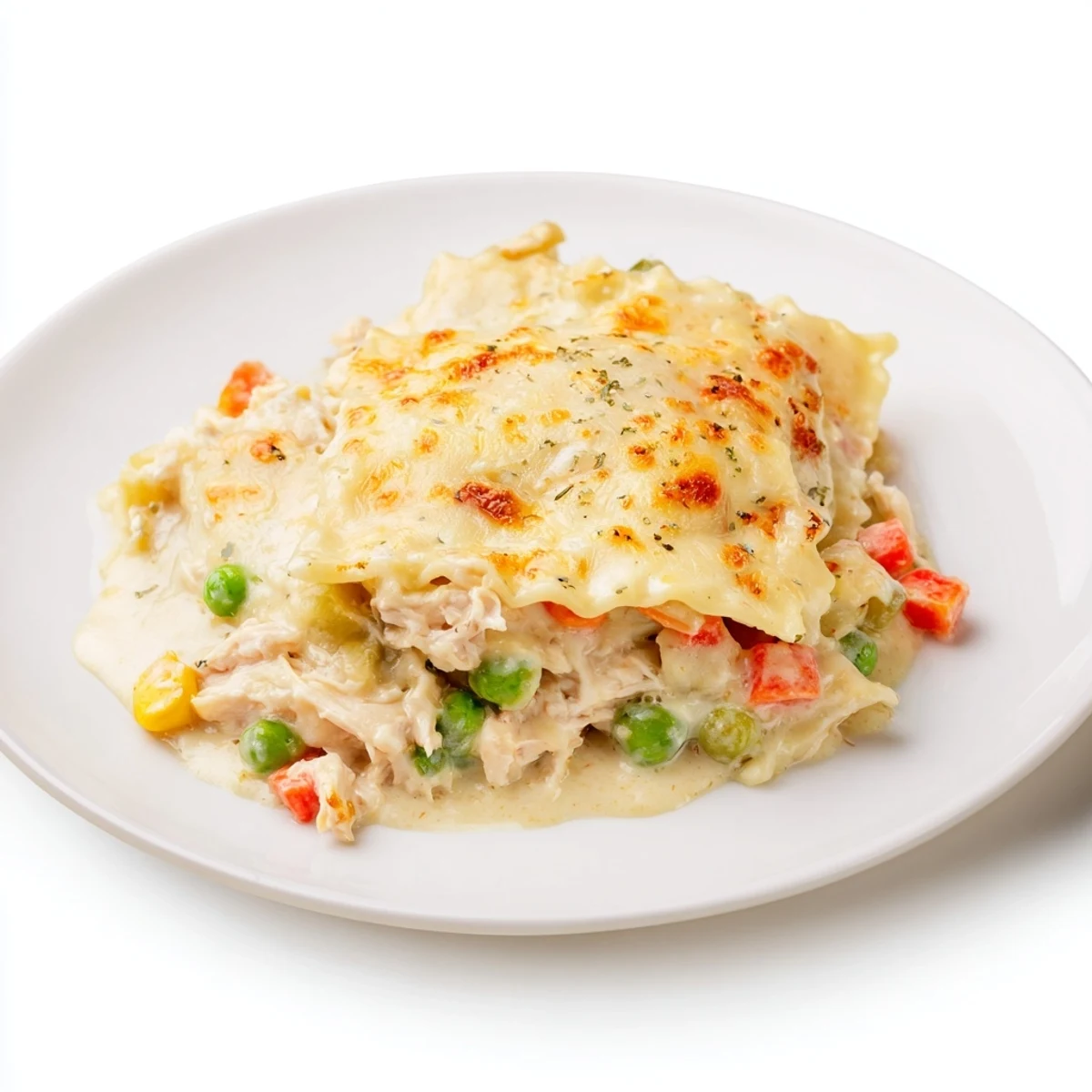 This warm Chicken Pot Pie Ravioli Bake offers a delicious blend of textures and flavors, ready to enjoy.