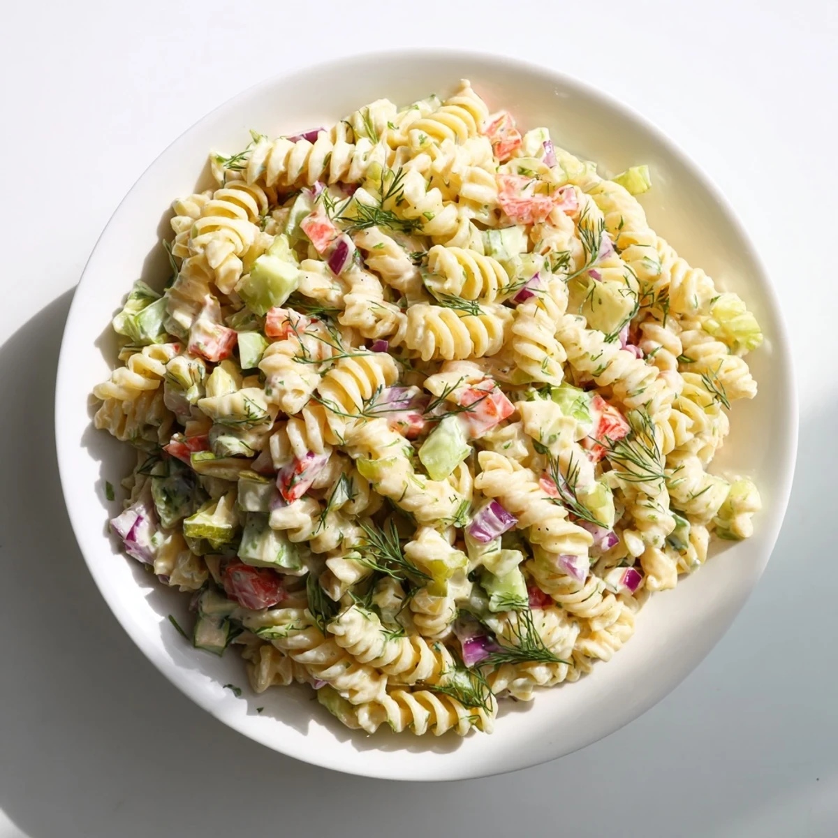 A chilled bowl of Dill Pickle Chopped Pasta Salad, featuring vibrantly colored vegetables and creamy dressing.