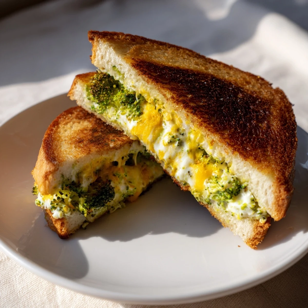Air Fryer Broccoli Cheddar Stuffed Grilled Cheese with melted cheese oozing from crispy golden bread.