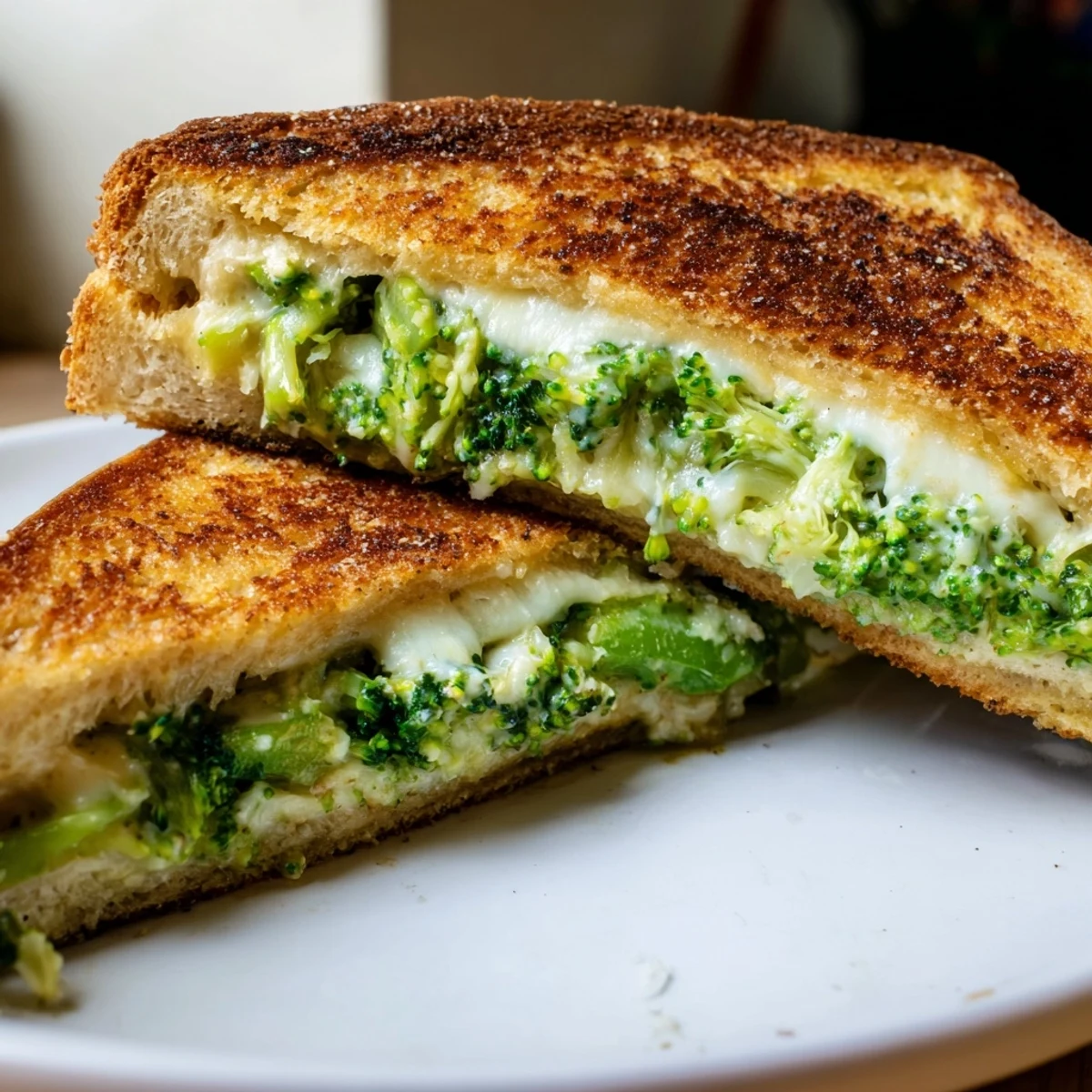 A close-up of a perfectly toasted Air Fryer Broccoli Cheddar Stuffed Grilled Cheese served on a plate.