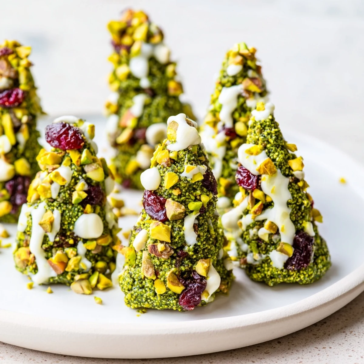 Enjoy the delicious flavor of homemade Matcha Pistachio Christmas Tree Energy Bites with optional melted white chocolate drizzle.