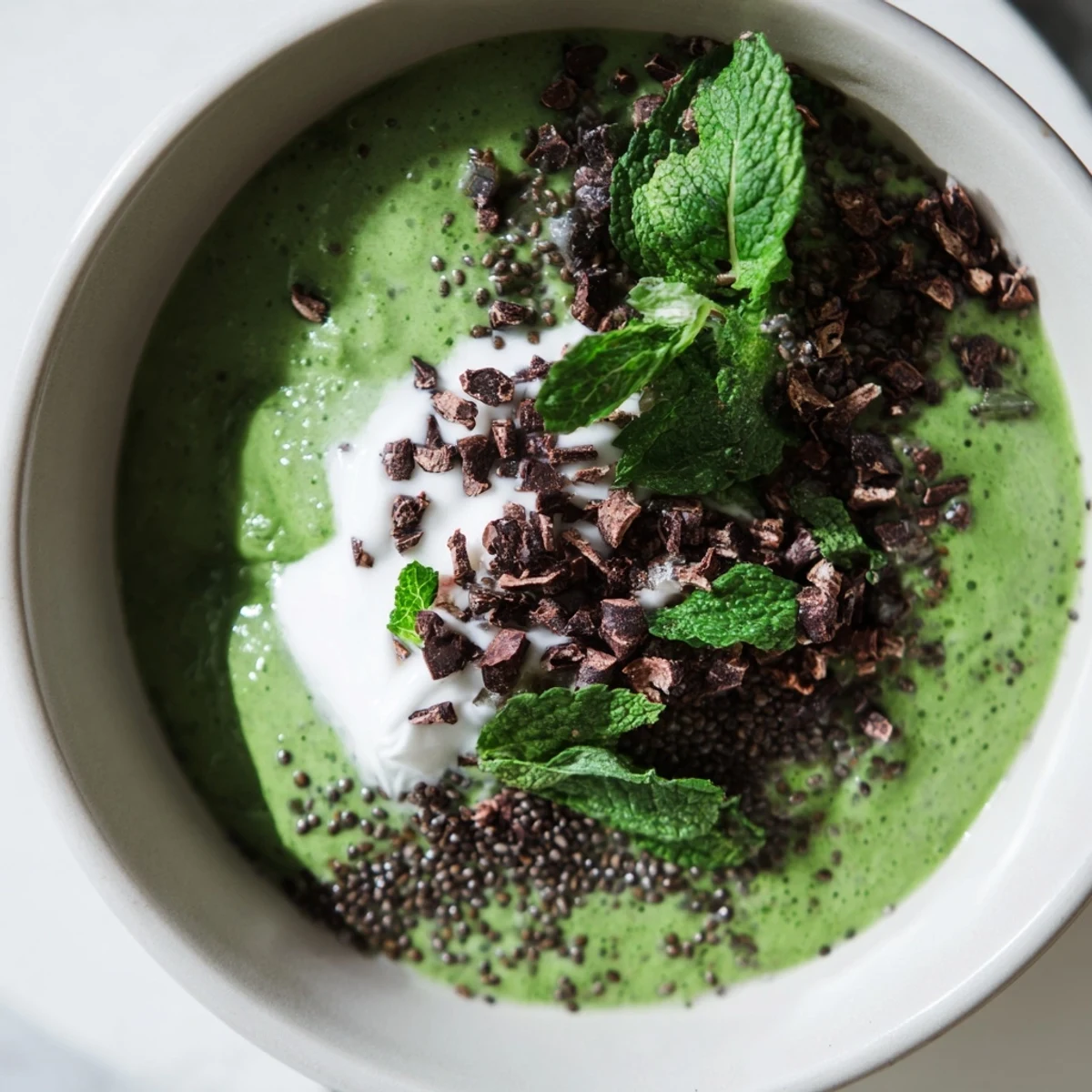 Vibrant Grinch Green Mint Matcha Chia Pudding, topped with yogurt and cacao nibs, ready to enjoy.