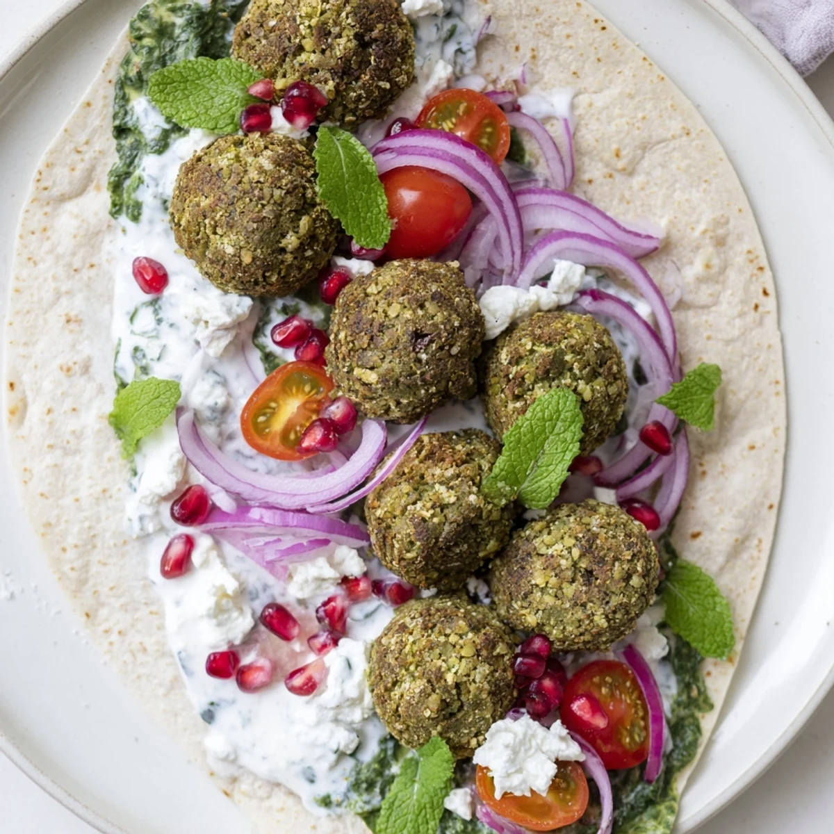 Festive Falafel & Tzatziki Christmas Wreath Wrap: A colorful vegetarian holiday feast, with crispy falafel filling.
