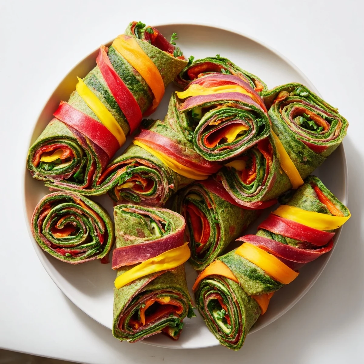 Vibrantly striped Roasted Veggie & Hummus Candy Cane Wrap roll-ups, perfect for a festive vegetarian appetizer.