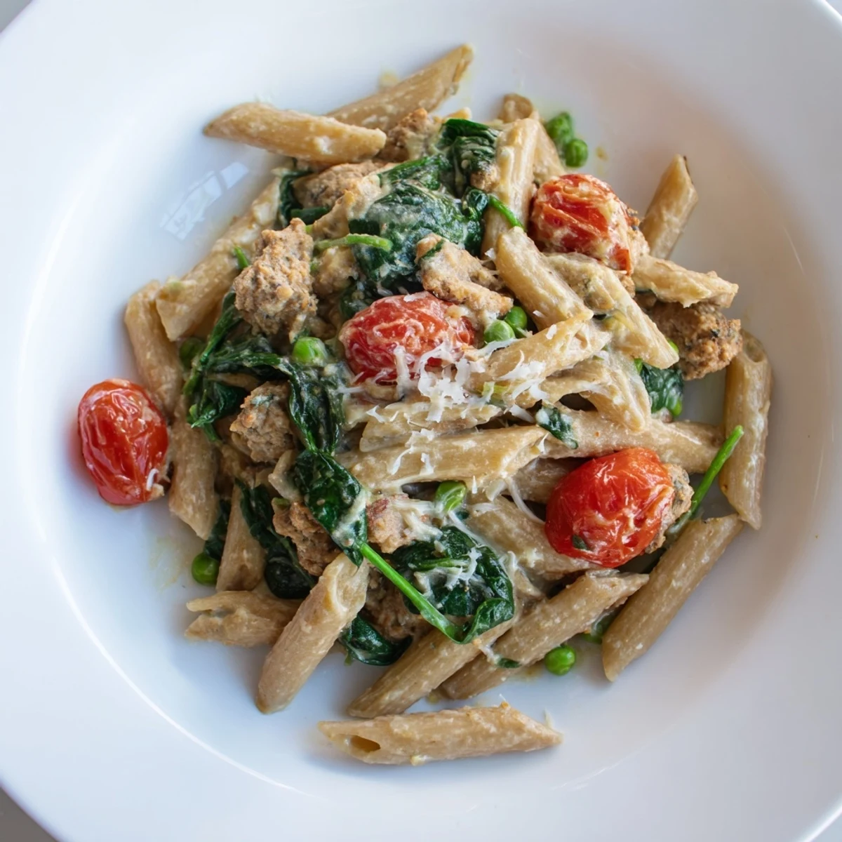 Enjoy a close-up of the delicious One-Pot Creamy Pesto Pea Protein Pasta dish, ready to be served.