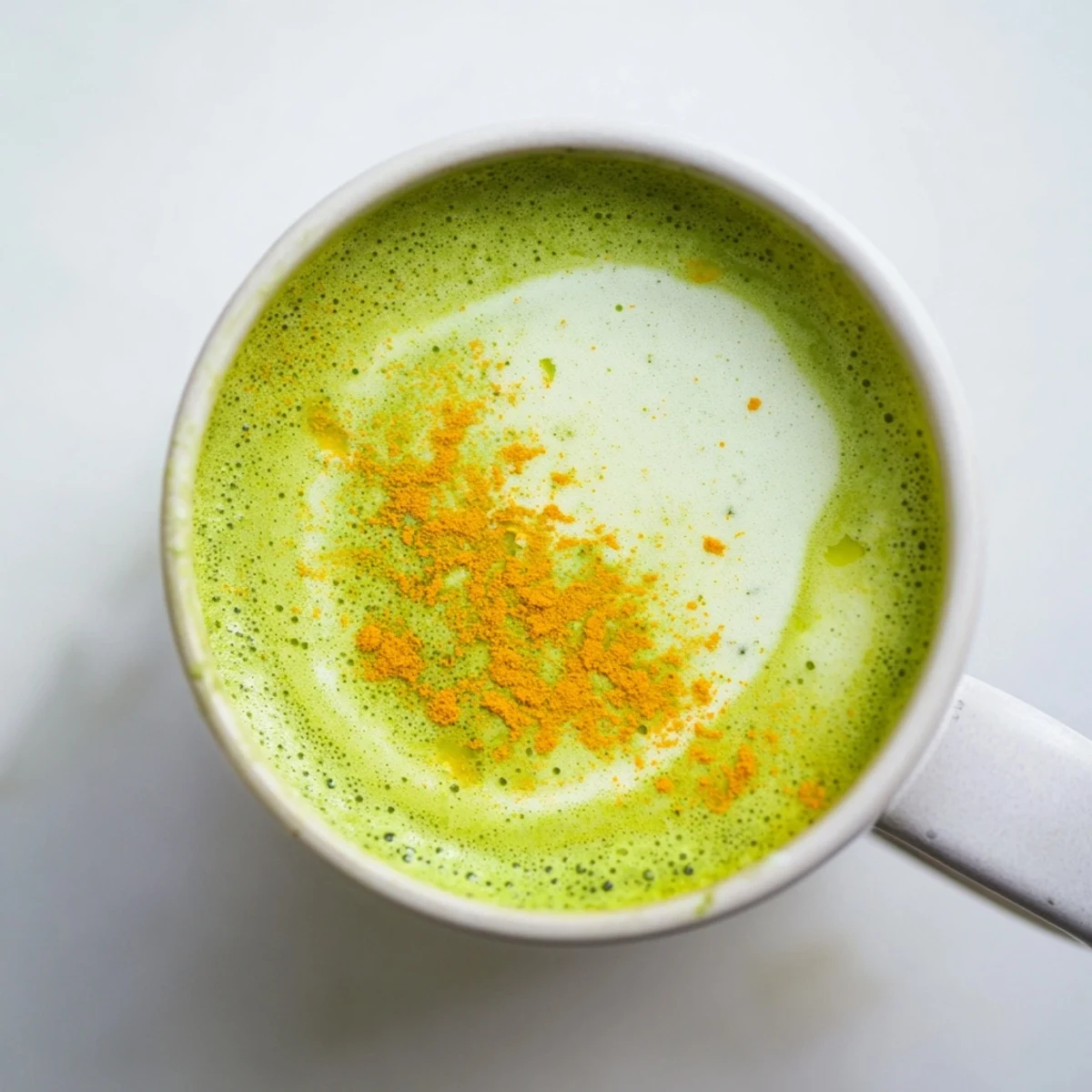 Steaming mug of Coconut Ginger Matcha Latte, vibrant green with a dusting of matcha and frothy coconut milk.