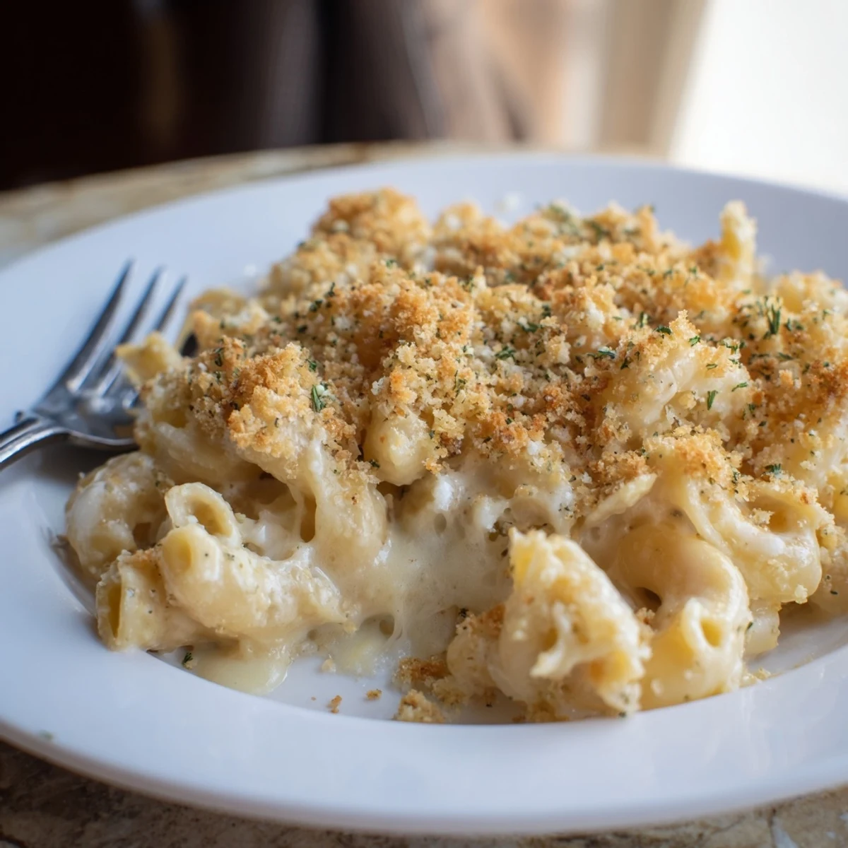 Golden-brown topping on a baked Lightened Mac & Cheese, with bubbly cheese and snowflake pasta.