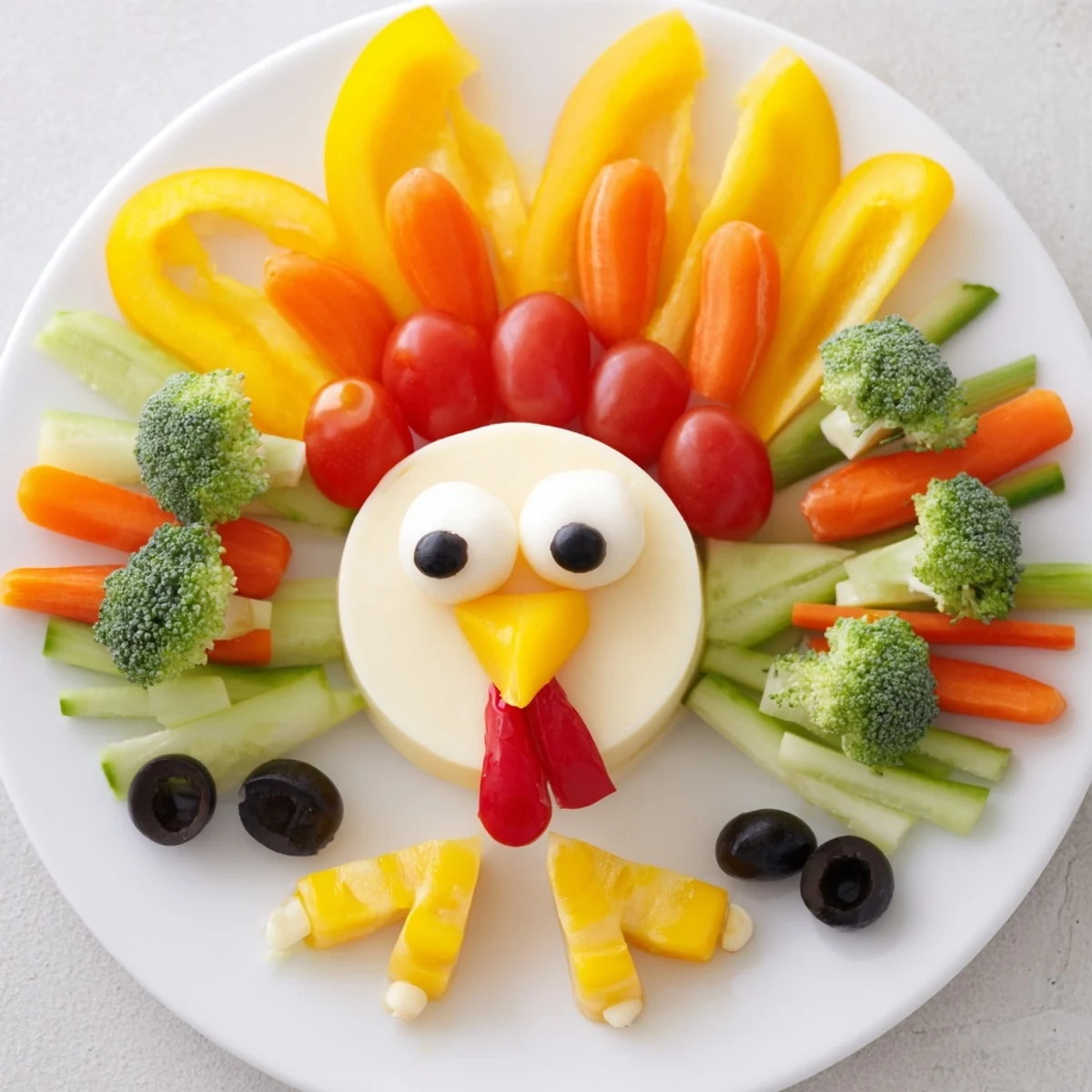 Bright and colorful turkey shaped appetizer tray with fresh veggies, cheese, and crackers for a party.