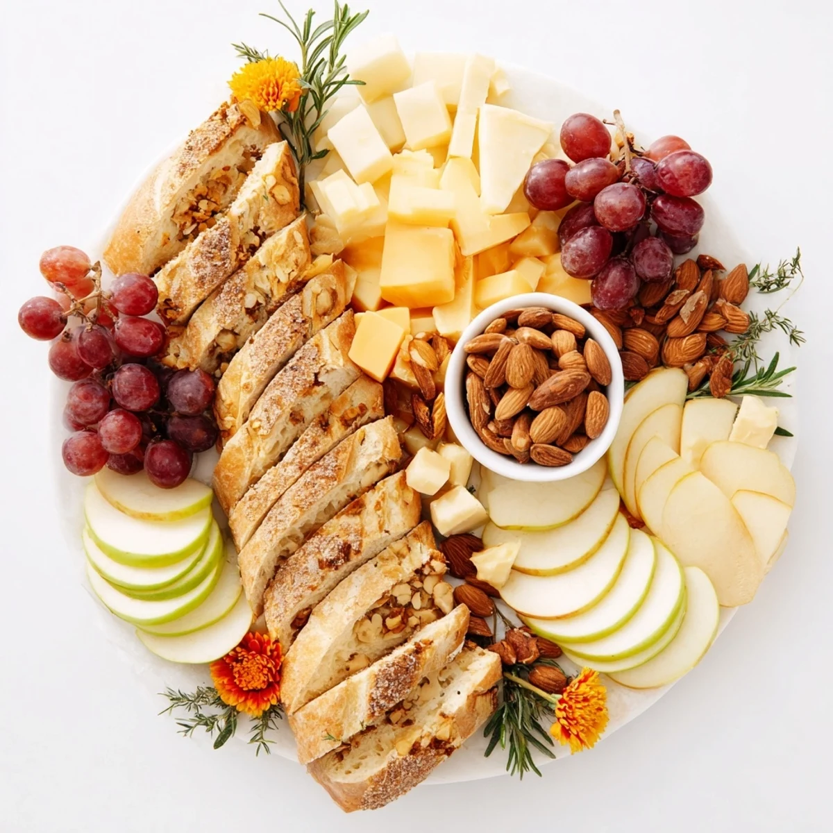 Golden wheat bundle board overflowing with fruits, cheeses, crackers, and olives for serving guests.