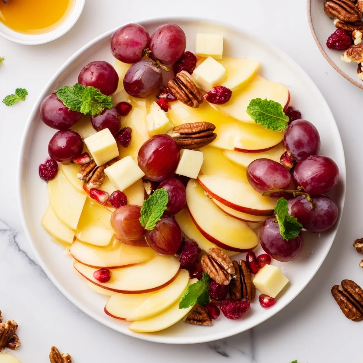A colorful Apple Orchard Fruit Board with honey for dipping, perfect for snacking.