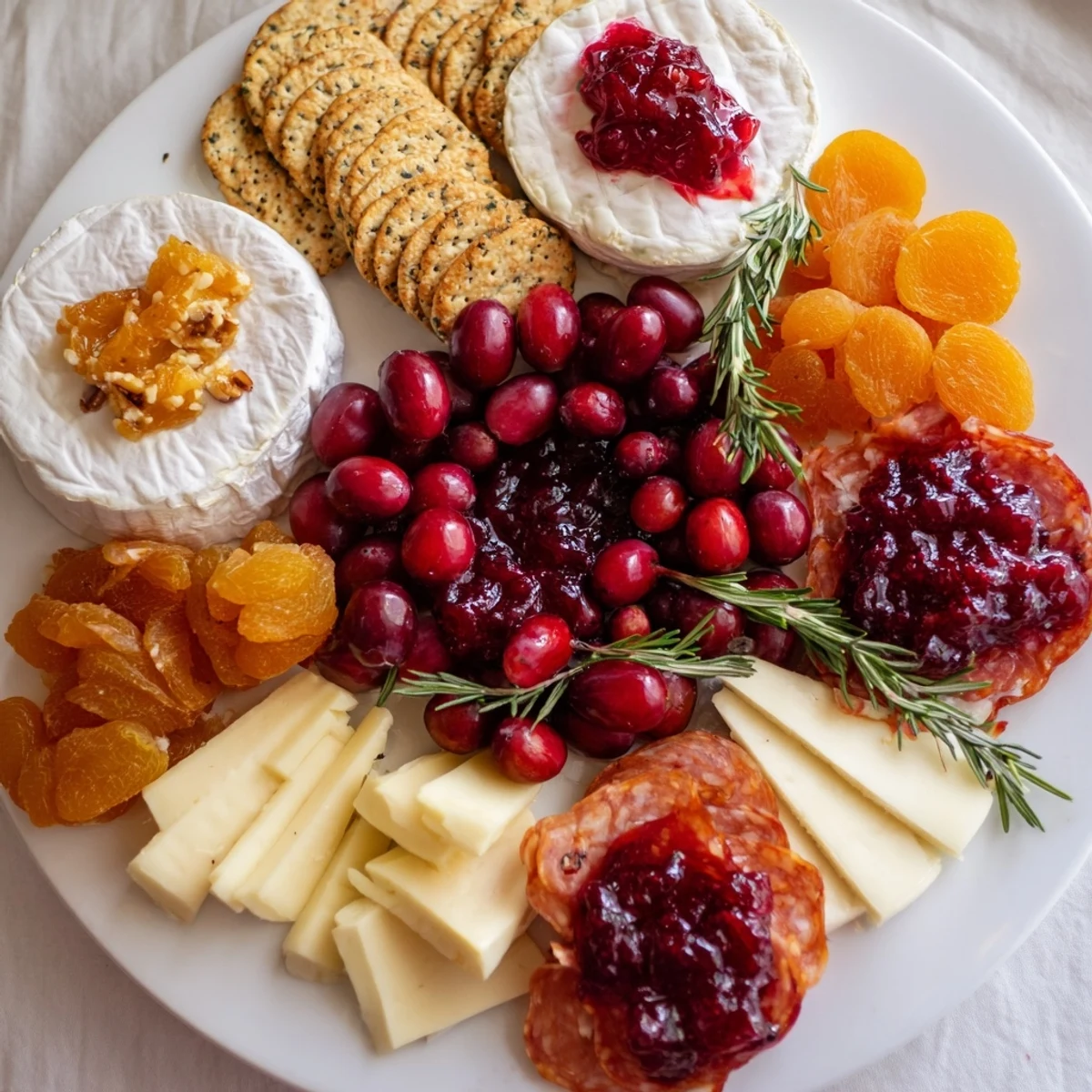 Festive Cranberry Wreath Platter with vibrant red cranberries and creamy cheeses, perfect for a holiday appetizer.