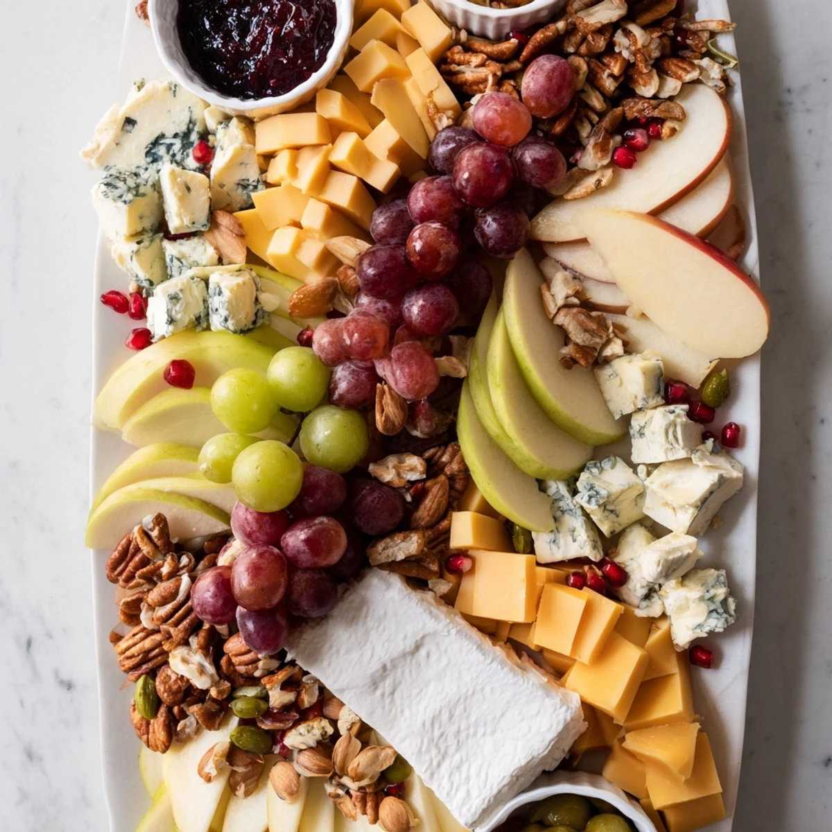 Vibrant cornucopia harvest board overflowing with delicious cheeses, fruits, meats, and crunchy nuts, ready to enjoy.