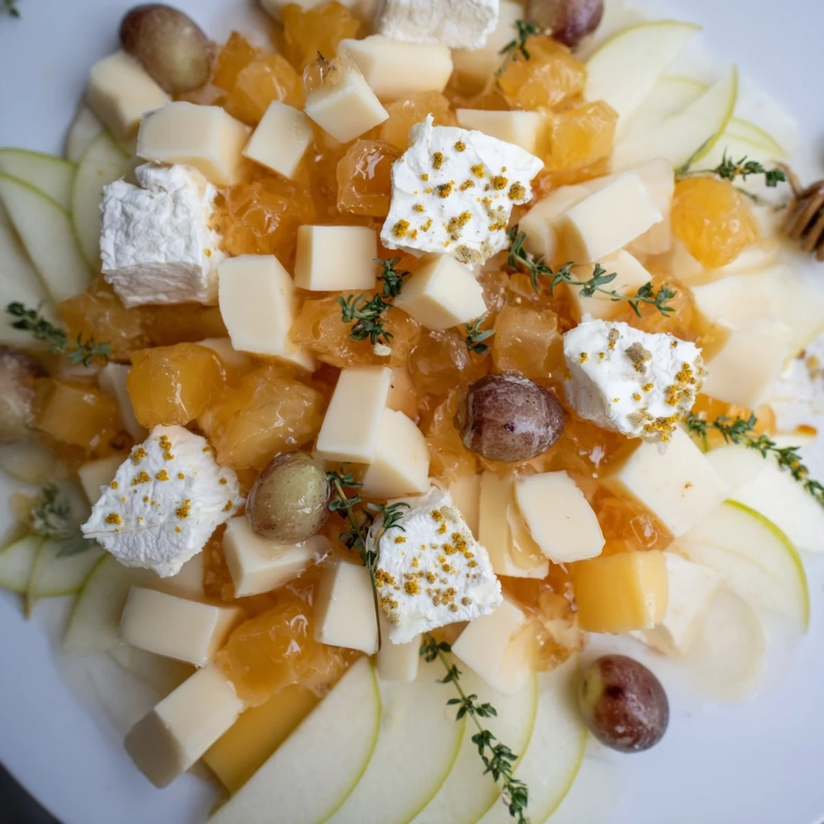 A decadent Busy Bee Honeycomb Snack Plate features creamy goat cheese, fruit, and crunchy almonds for sharing.