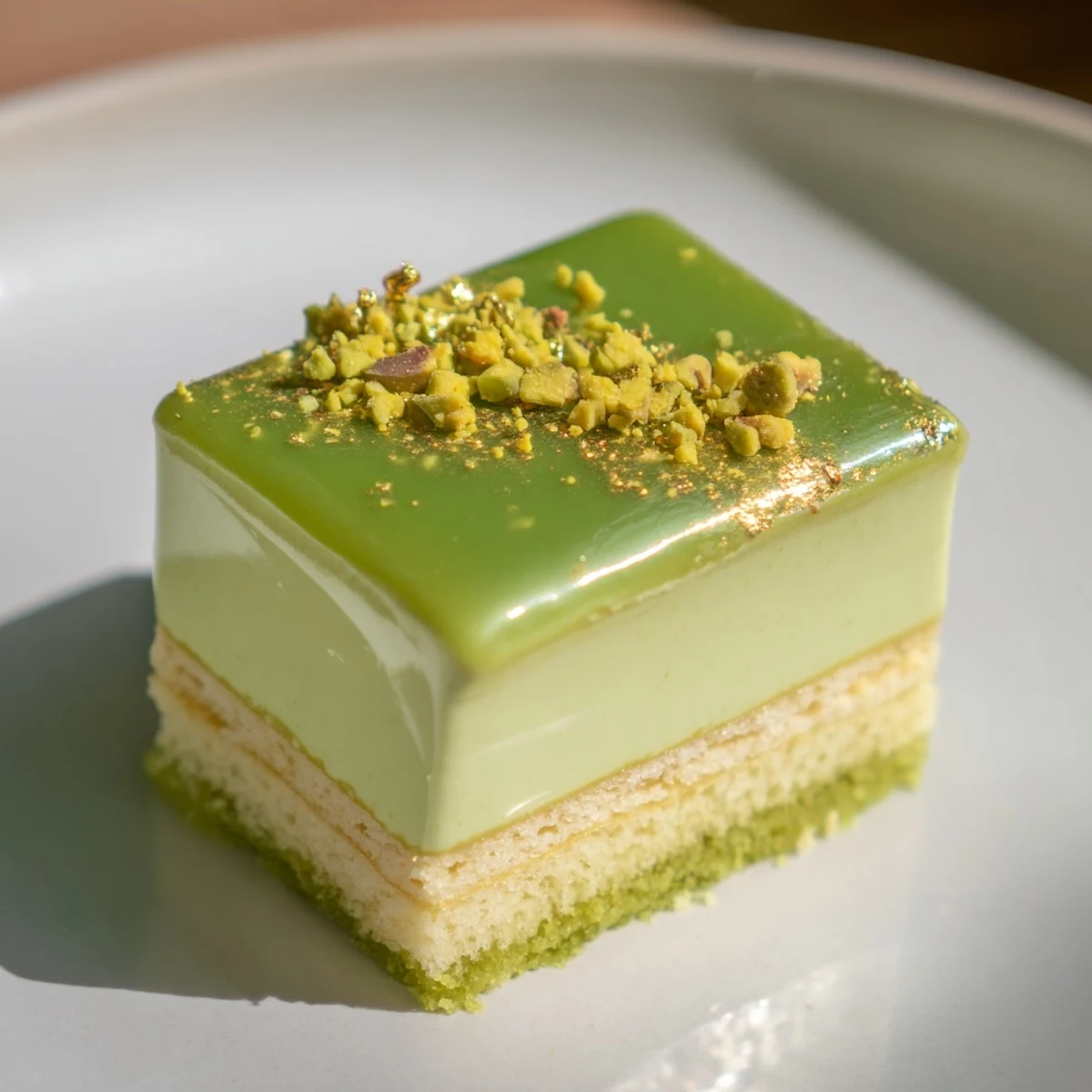 Bright, glazed Grenouille Royale Petits Fours sprinkled with pistachios, ready for a delightful bite.