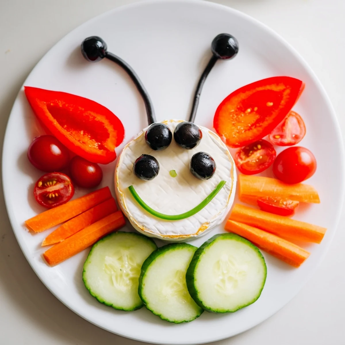 Vibrant Coccinelle Amusante Planche Pique-Nique platter with colorful veggies, creamy dips, and a ladybug theme.