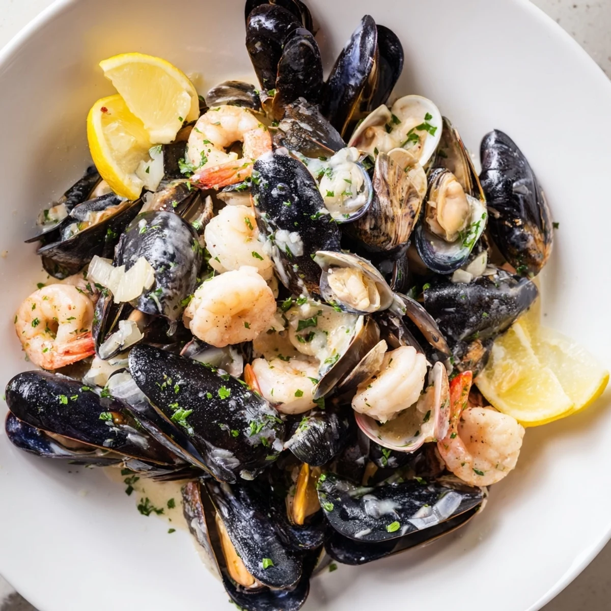 Plump shrimp and scallops shine in this savory shellfish & seafood medley, perfect for sharing.