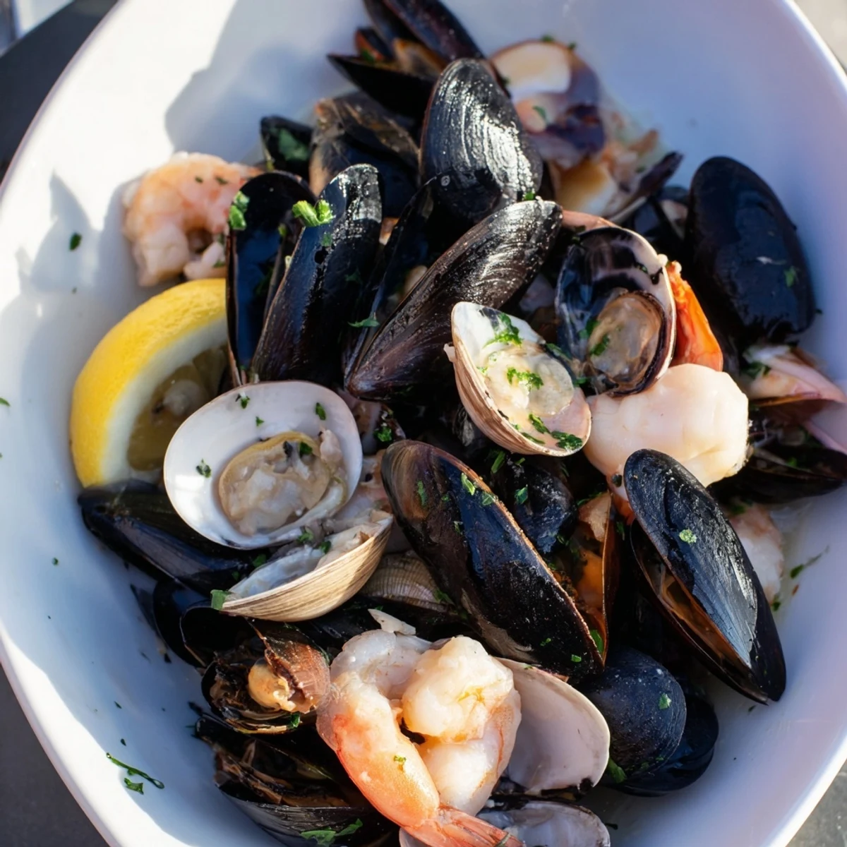 A vibrant shellfish & seafood medley, showcasing tender clams and mussels, served with lemon wedges.