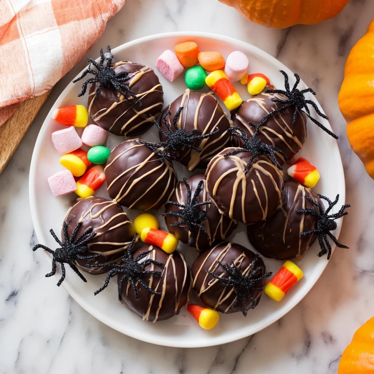 A detailed image of a Spiderweb Candy Platter, showcasing colorful gummy spiders and pretzel "twigs."