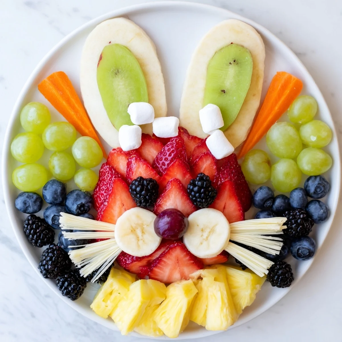 Bunny Face Fruit Salad Platter with vibrant strawberries, kiwi ears, and blueberry eyes, perfect for brunch.