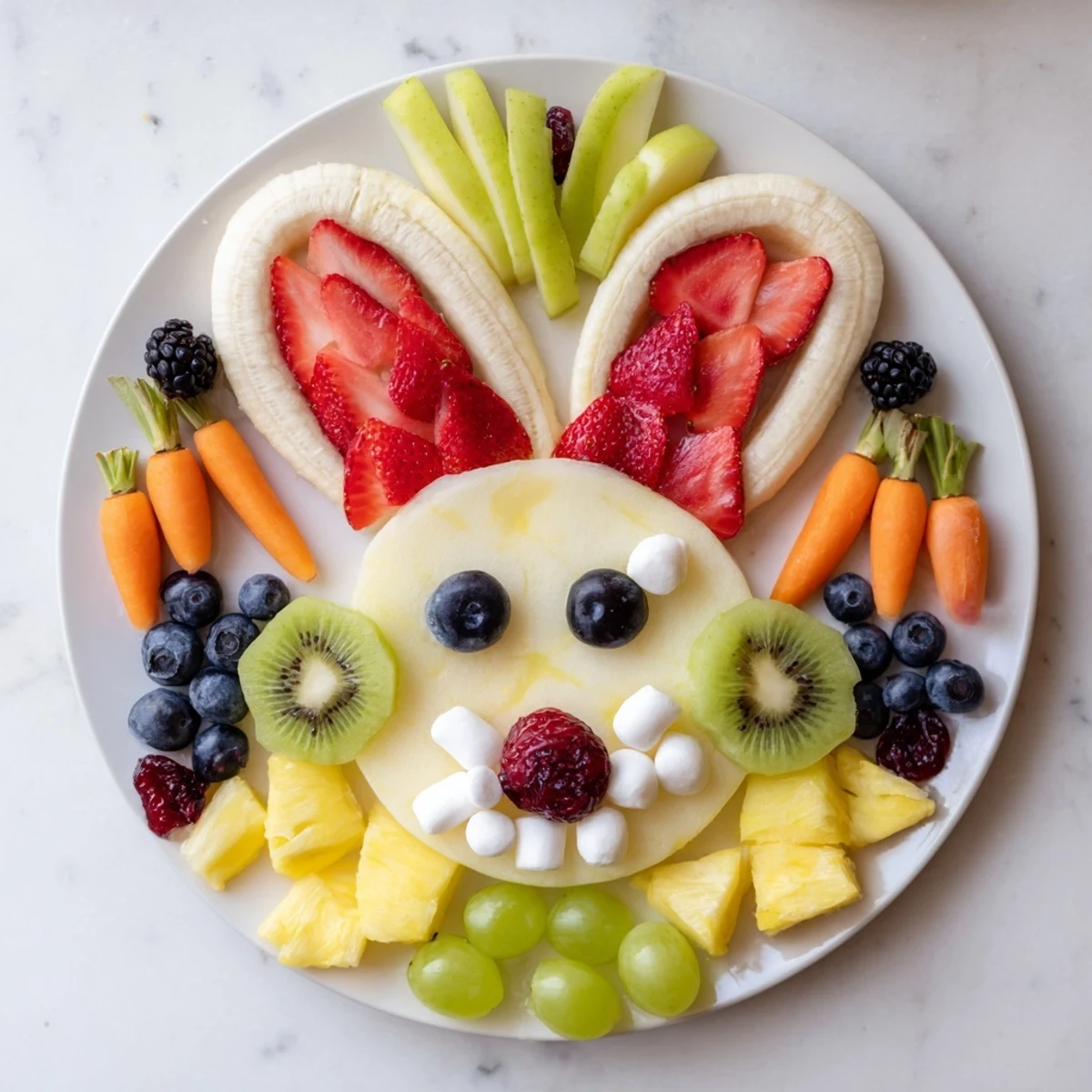 Freshly assembled Bunny Face Fruit Salad Platter with grapes, pineapple, and banana, ready to serve and enjoy.