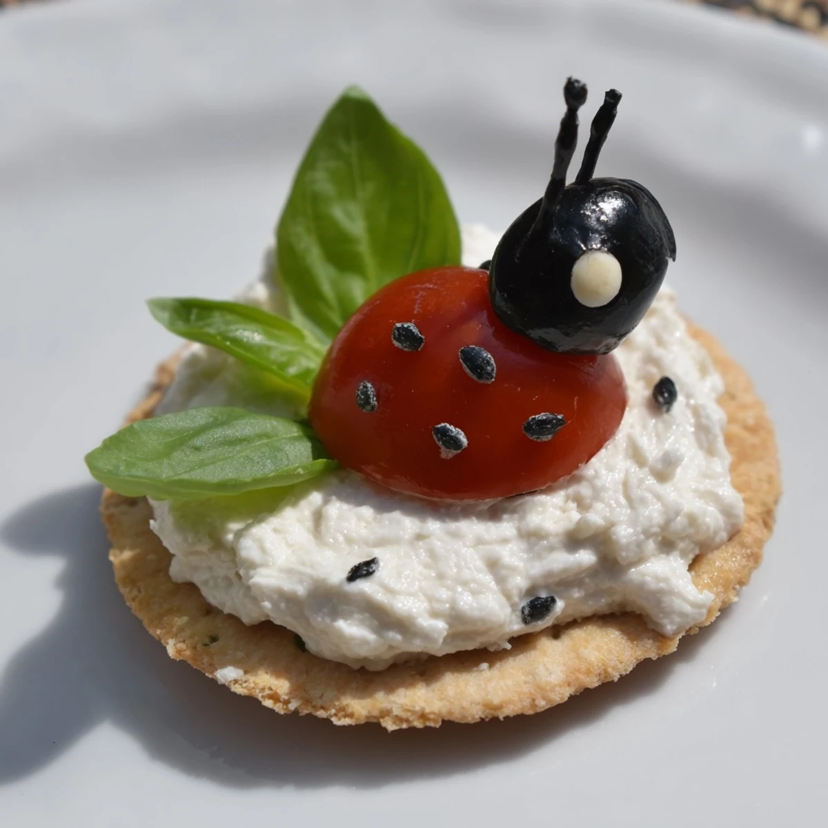 Colorful cherry tomatoes and olives create charming Garden Snacks: Ladybug Tomato & Olive Bites presented on a plate.